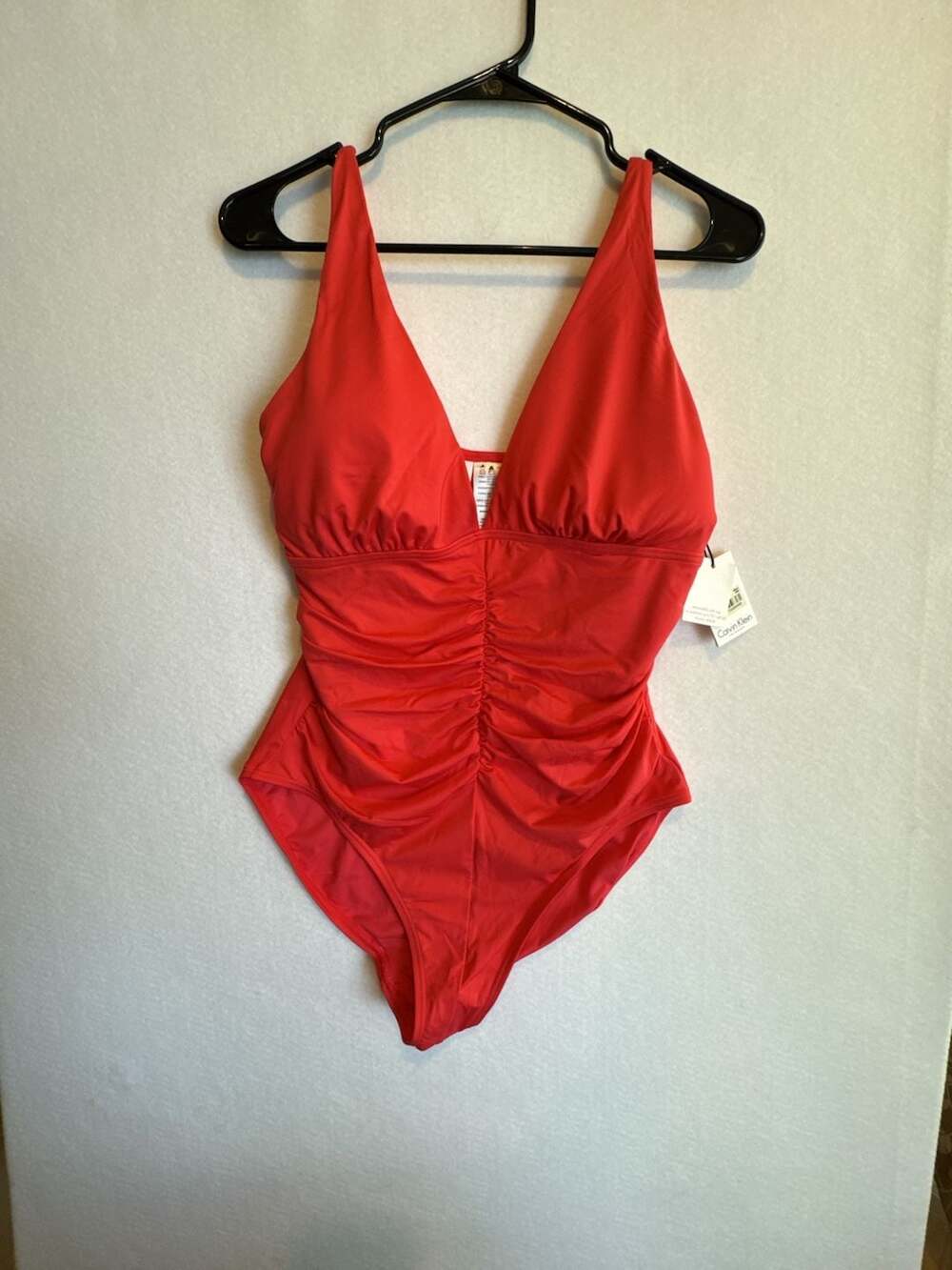 Calvin Klein Plunging Neck Mio Swimsuit with Gathering Red Size 12 New